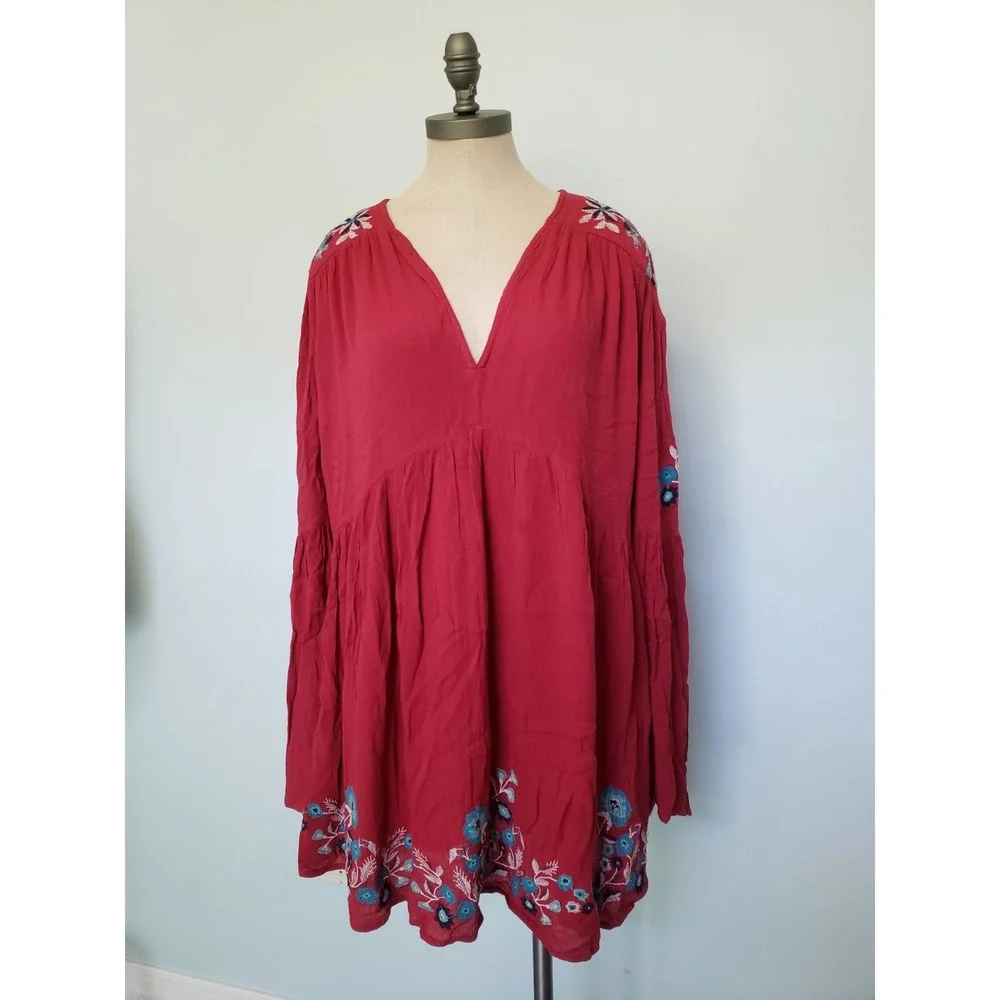 Free People Te Amo Womens S Mini Dress Red Floral Embroidered Boho Flared Sleeve